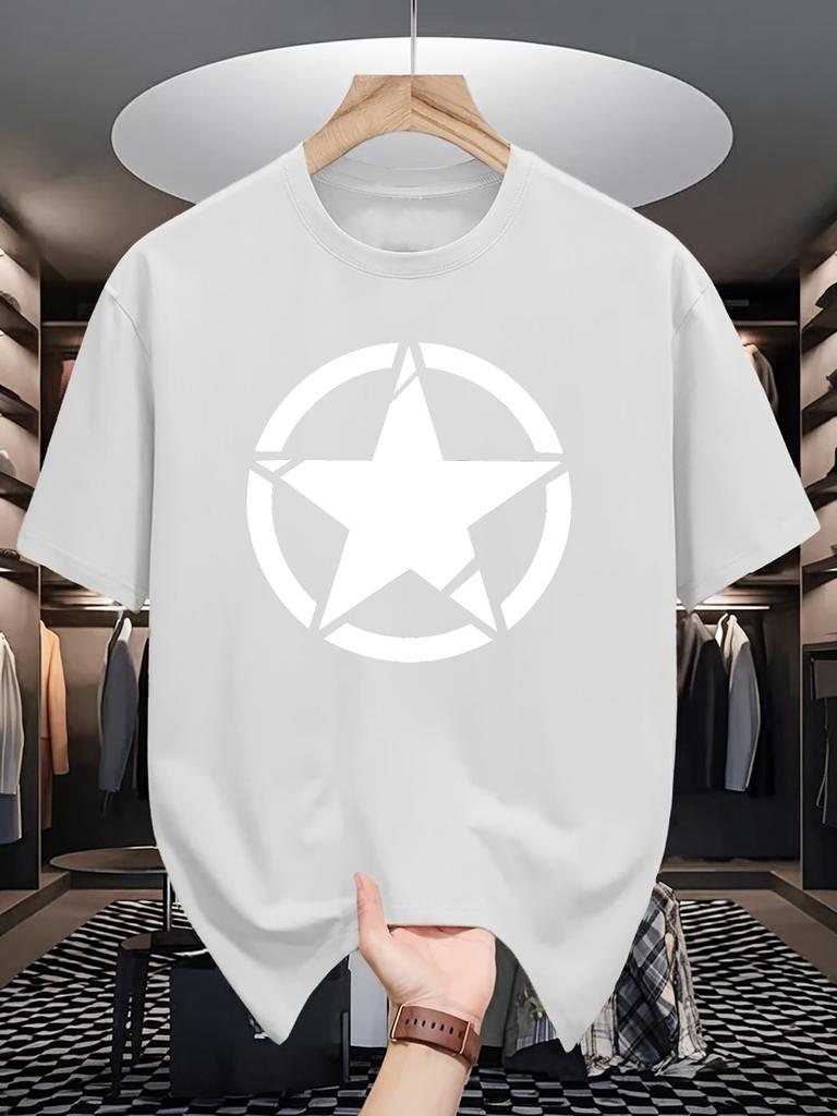 Minimal White Circle Star Graphic Unisexs Short Sleeve T Shirt Summer Crew Neck Loose Fit Retro Street Casual Daily Tops