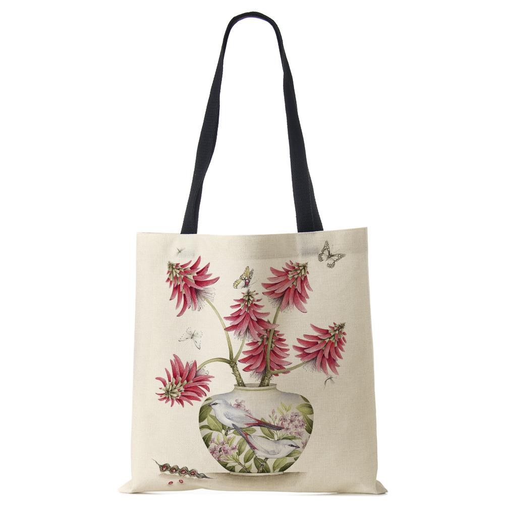 Plant Flowers Shopping Tote Bag Women Canvas Print Shoulder Bag Reusable Harajuku Large Capacity Travel School Handbag CLE