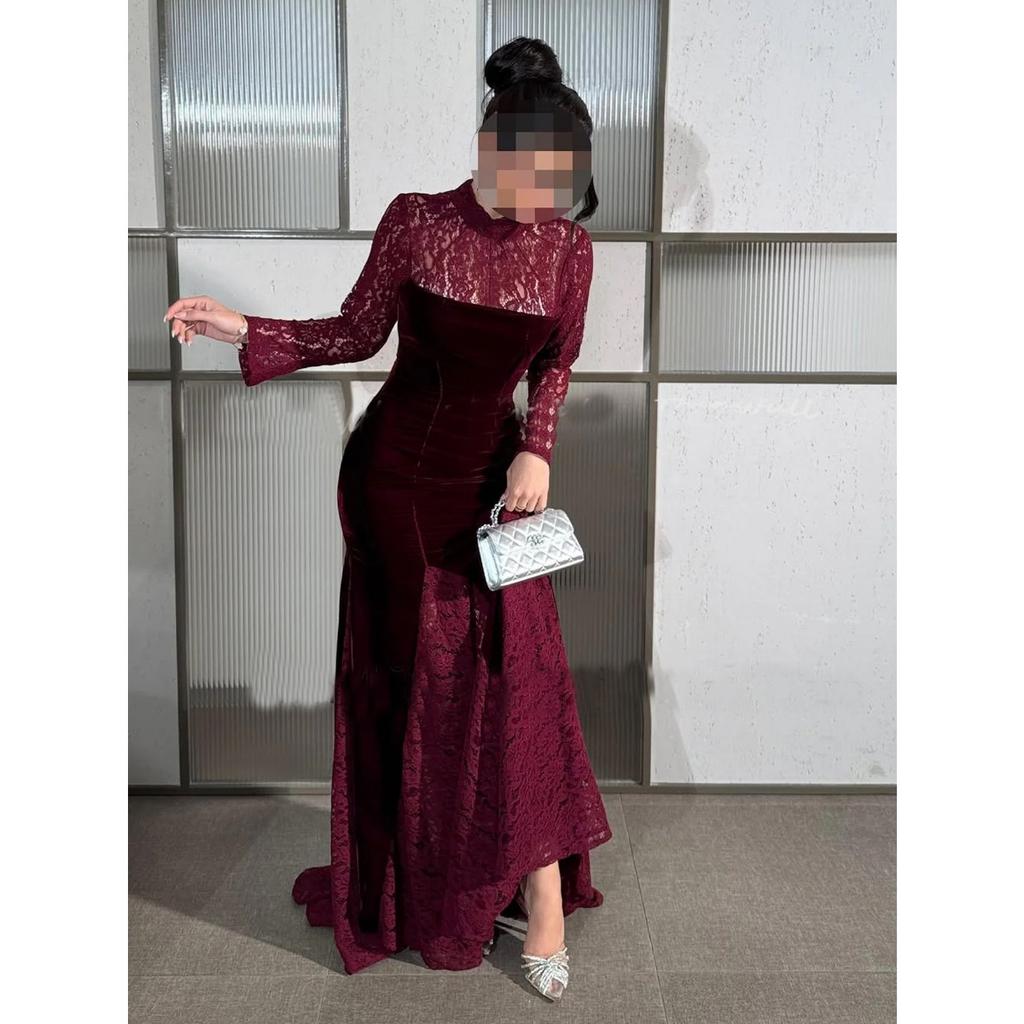 Fall Winter Women's Vintage Elegant Velvet Long Sleeve Lace Patchwork Round Neck Evening Party Dress