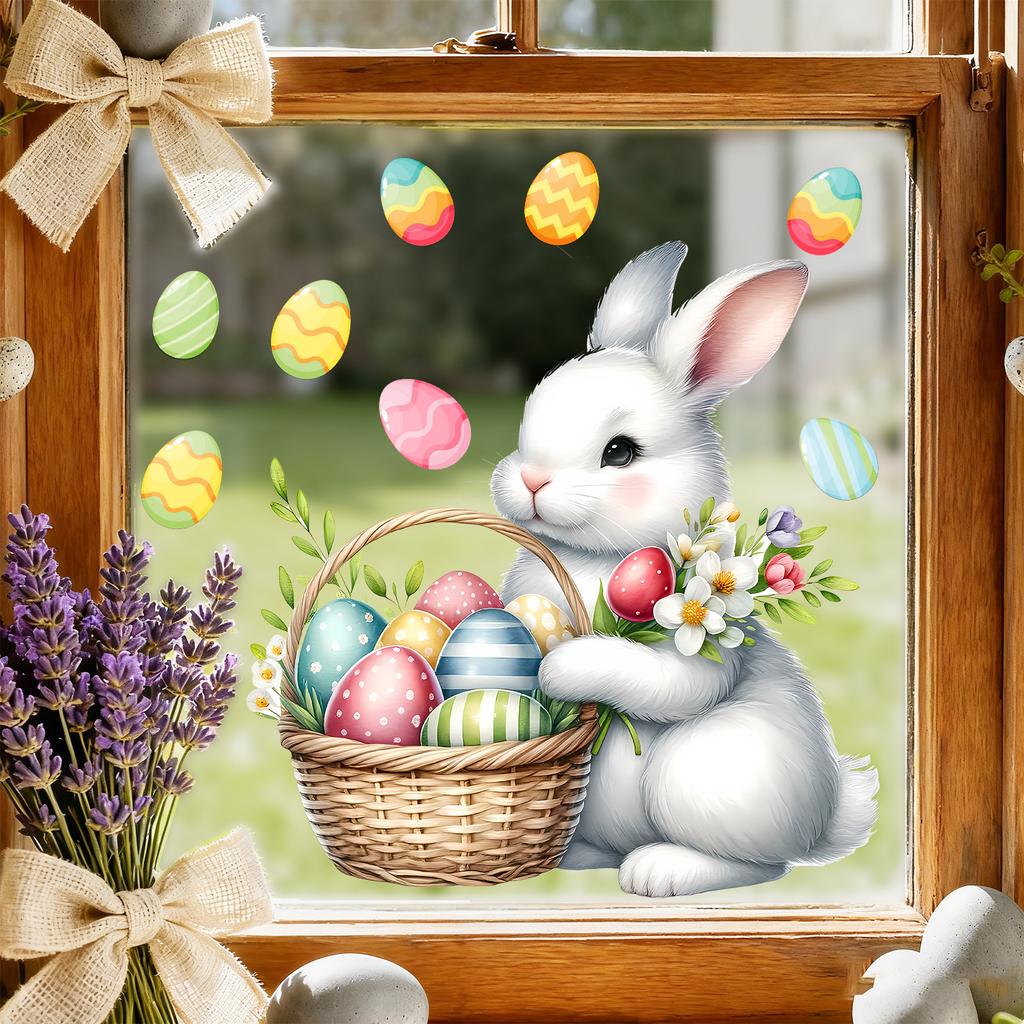 Easter Bunny Eggs Static Cling Window Stickers No Glue Removable for Bedroom Living Room Study Holiday Decor