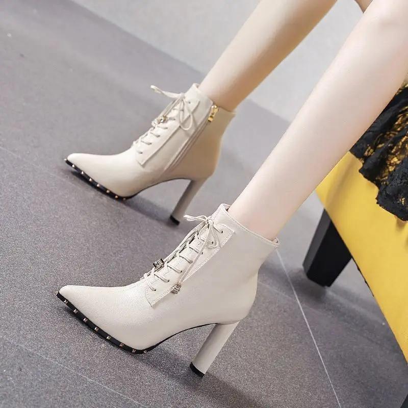 Rivet Black High-heeled Short Boots Women Spring Autumn Shoes Lace-up Pointed Toe Fashion Ankle Boots Side Zip Thick Heels Women