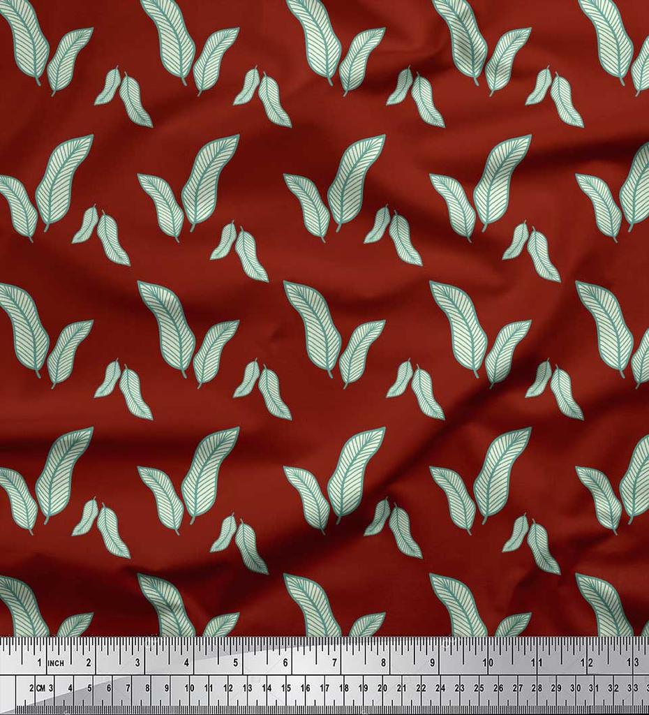 Soimoi Red Japan Crepe Satin Fabric Artistic Banana Leaves Printed Craft Fabric by the Metre 42 Inch