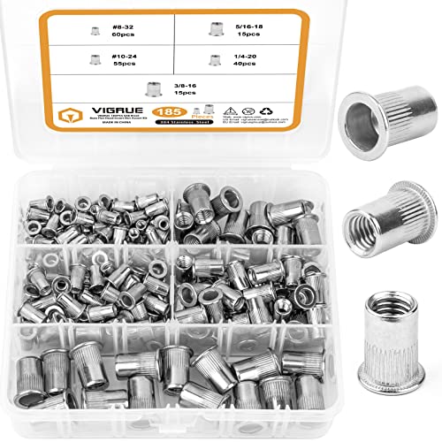 SAE Assortment, VIGRUE 185pcs #8-32#10-24 1/4"-20 5/16"-18 3/8"-16 304 Stainless Steel Erts Riv Kit, Flat Head Threaded Insert Nut Assort