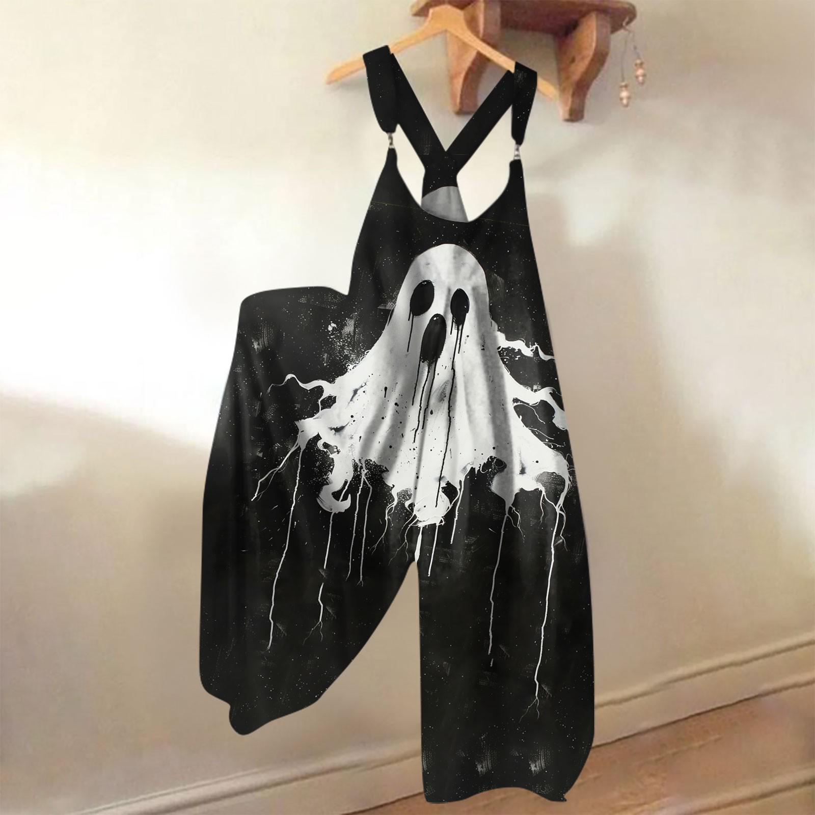 

Широкие штанины комбинезоны для женщин повседневные свободные комбинезоны без рукавов ретро принт на Хэллоуин металлические пуговицы длинные брюки комбинезон с карманами M чёрный