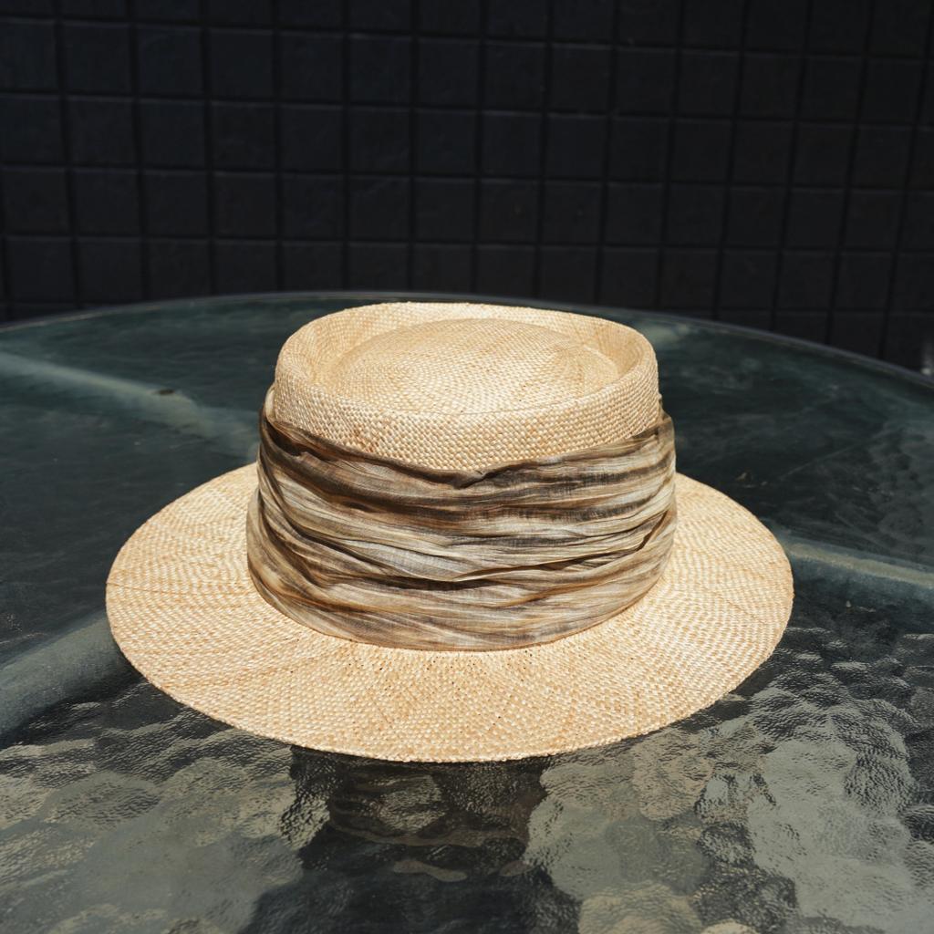 Japanese Retro Wide-Brimmed Treasure Grass Woven Flat-Top Top Top Hat Women'S Summer Sunshade Vacation Beach Chinese Straw Hat Elegant