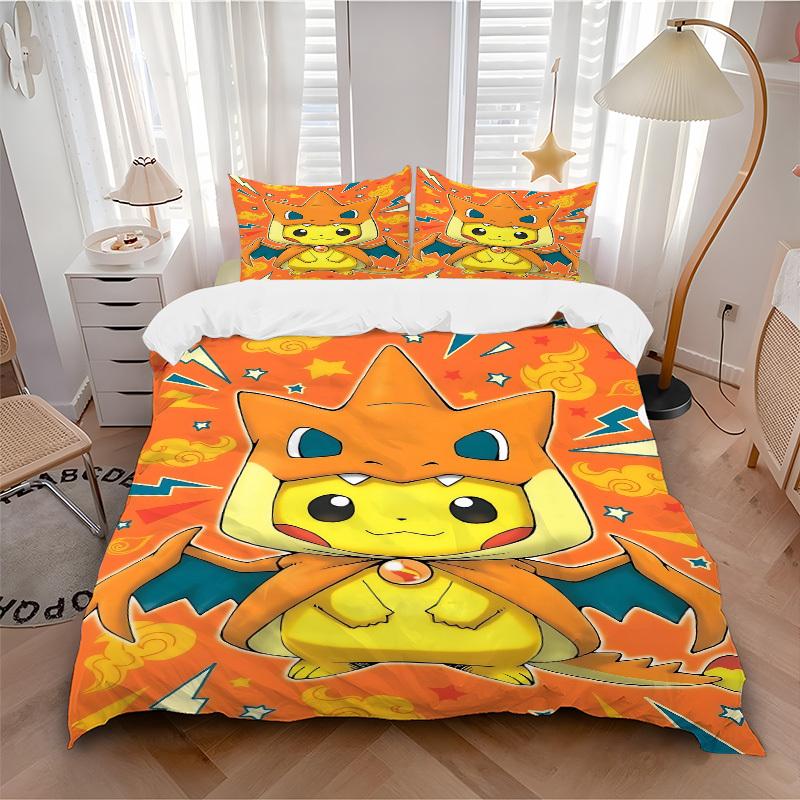 

3pcs bedding set Pikachu Charmander Includes 1 Comforter+2 Pillowcases, Without Pillow Inserts, Soft Comfortable, Lightweight Breathable,177 135x200cm