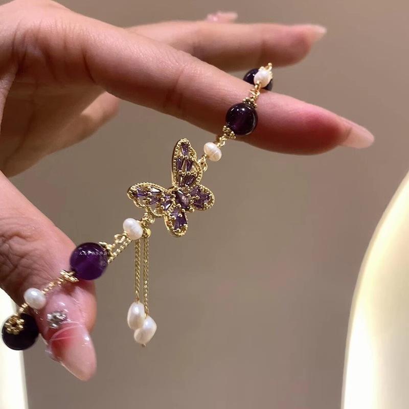 Amethyst Pearl Zircon Butterfly Pendant Necklace Fashion Light Luxury Bracelet Personality Temperament Necklace Jewelry Women's High Sense