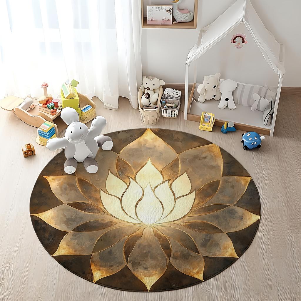 Bedruckter runder Teppich aus Flanell mit goldenem Lotus-Design für Yoga, Meditation und Heimdekoration, weiche Bodenmatte, spirituelles Kunstthema