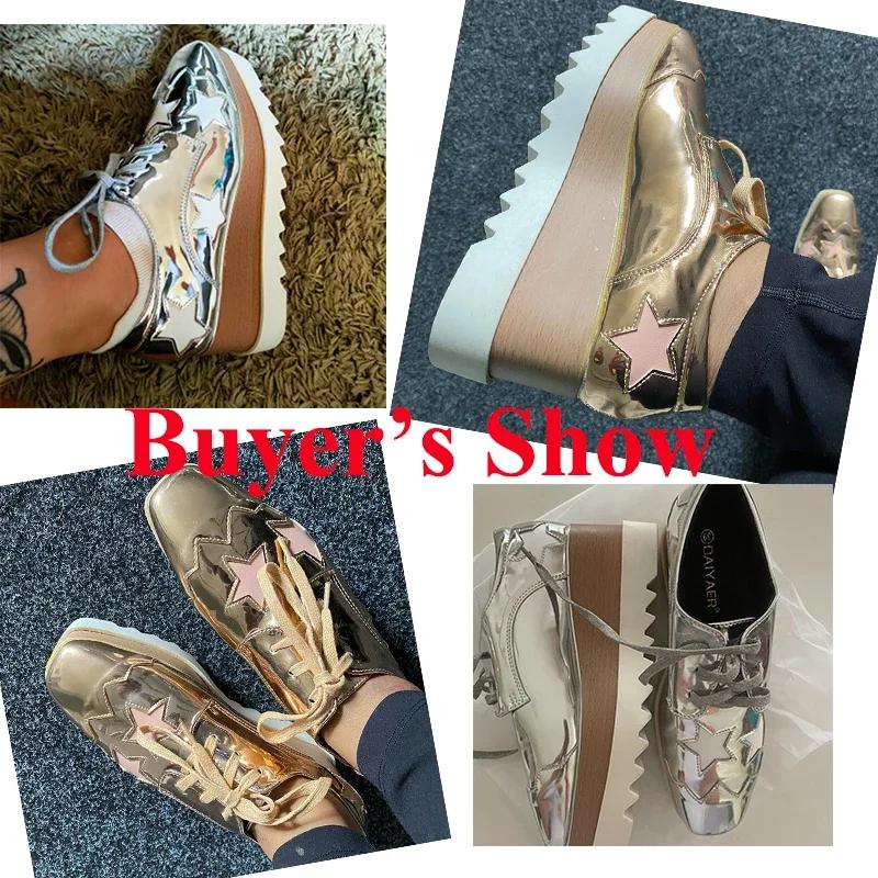 Stars Chunky Platform Brogue Shoes Women Lace Up Thick Sole Patent Leather Shoes Woman Non Slip Wedges Oxford Flats