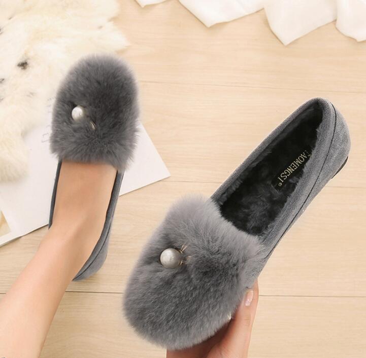 Fashion Big Size 34-43 Pom-Pom Rabbit Fur Shoes Women Owl Stone Moccasins Winter Plush Warm Boots Ladies Wool Flats Femme Cotton Loafers