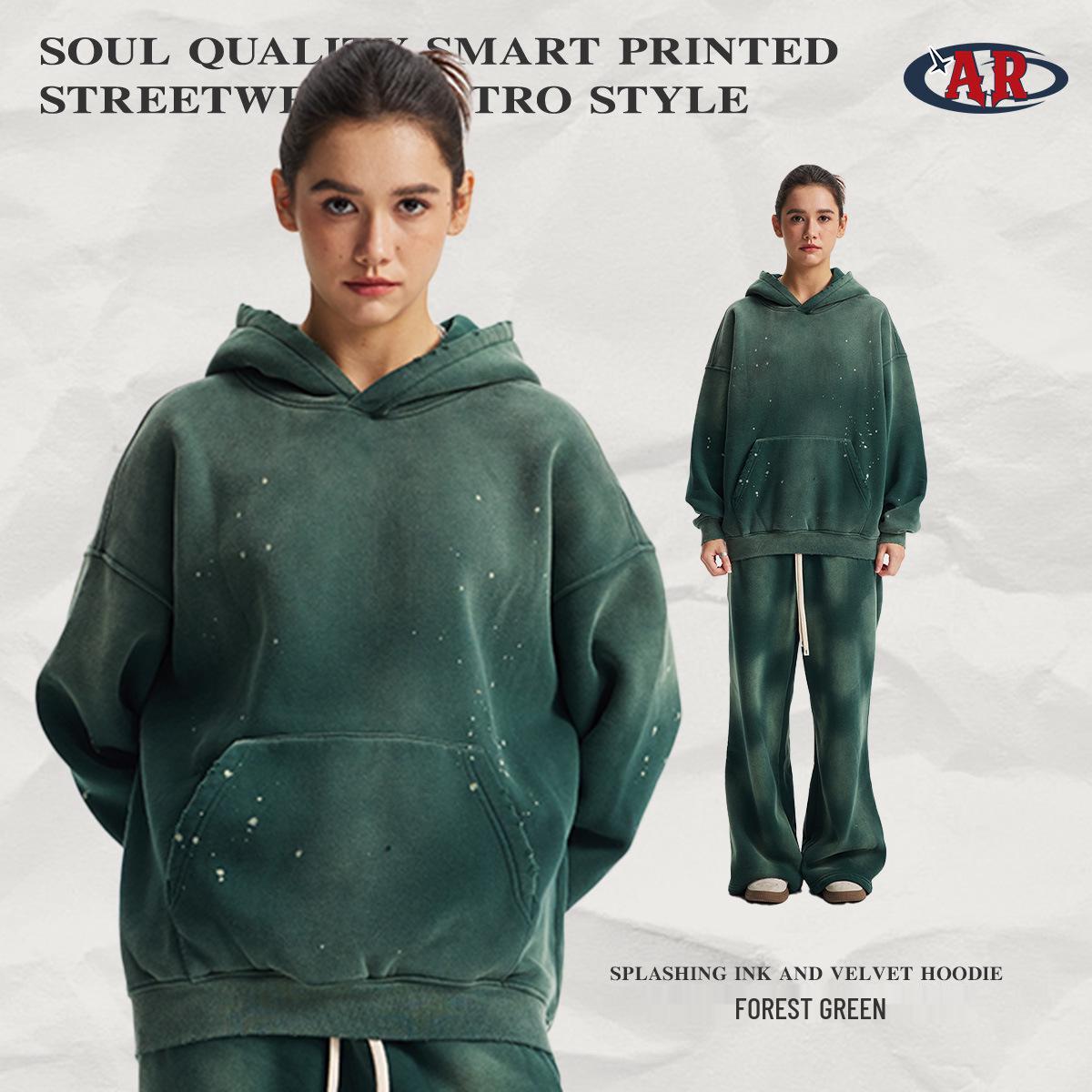 2025 A/W Splatter White Spray Dye Frayed Edge Hooded Fleece Sweatshirt XL
