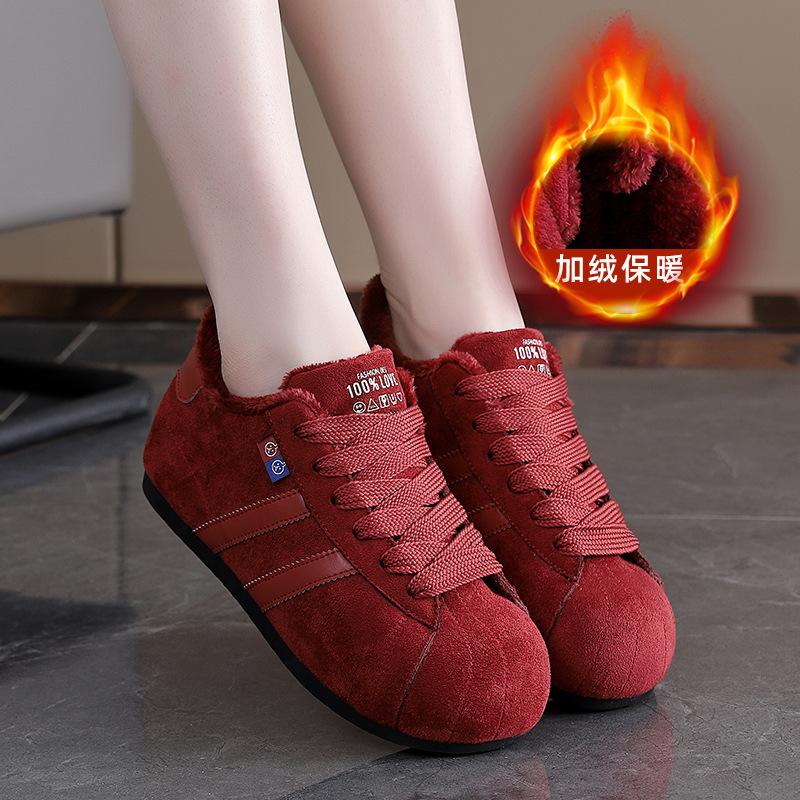 Winter Round Toe Velvet Flat Shoes Red Fashionable Women's Casual Sneakers Retro Lace Up Frosted Board Shoes zapatillas de mujer