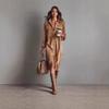 Women's Turn Down Collar Long Sleeve Loose Fit Corduroy Shirt Dress With Button Detail High Waist Solid Color Autumn Casual Commuter Midi Dress Outfit