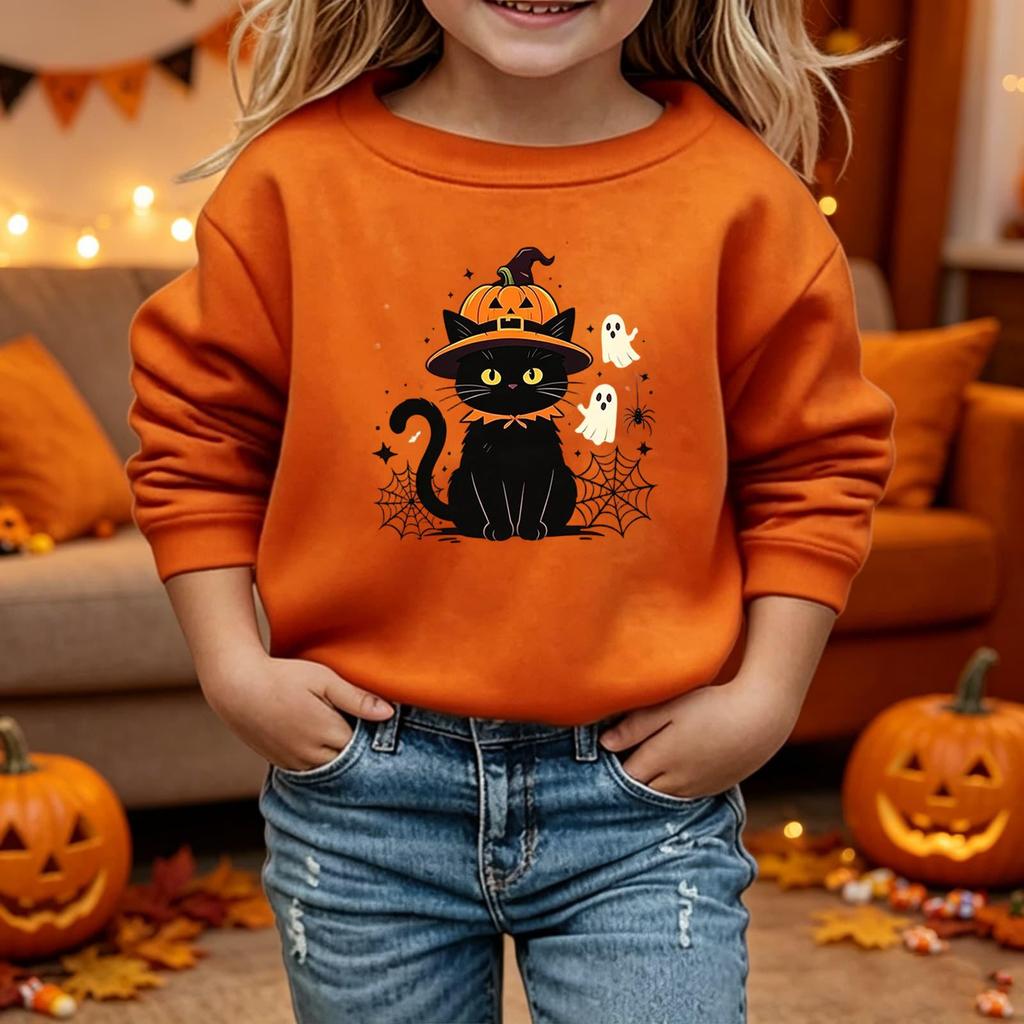 Kids Halloween Printed Sweatshirt Casual Loose Fit Long Sleeve Pullover for Halloween Party