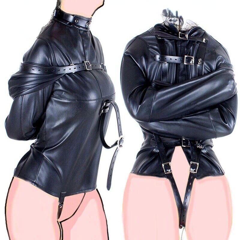 PU Leather Asylum Straight Jacket Costume Body Harness Strap Restraints  Body Bondage Armbinder Sex Toy for Women and Men