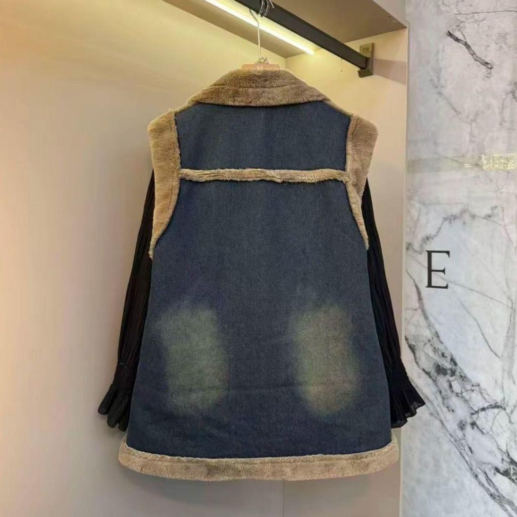 Przytulna Szykowna Kamizelka Patchworkowa Jeansowa z Podszewką z Polarowego Materiału Duży Rozmiar Modelująca Sylwetkę