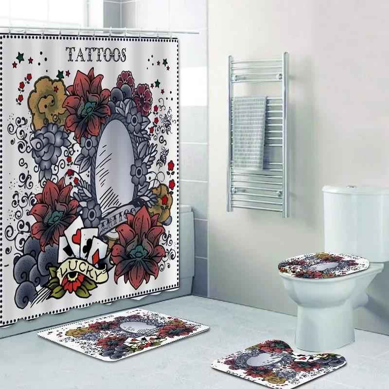 Old School Tattoo Art Shower Curtain Set For Bathroom Vintage Punk Skull Anchor Dagger Curtains Rug Mat Halloween Decor