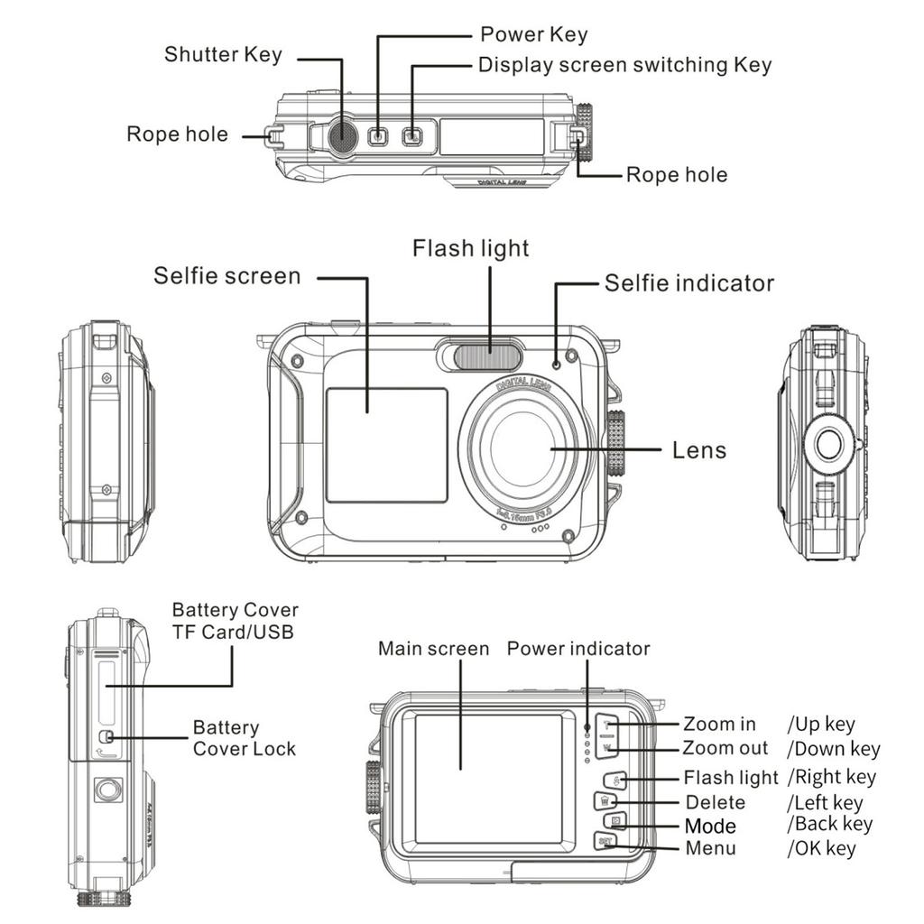 Full HD 2.7K 48MP 10ft Water Resistant Underwater Digital Camera 16X Digital Zoom Front Rear Double Screens Water Resistant Digital Camera