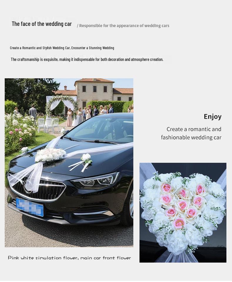 Heart-Shaped Wedding Car Decoration Set: Pink & White Artificial Flowers