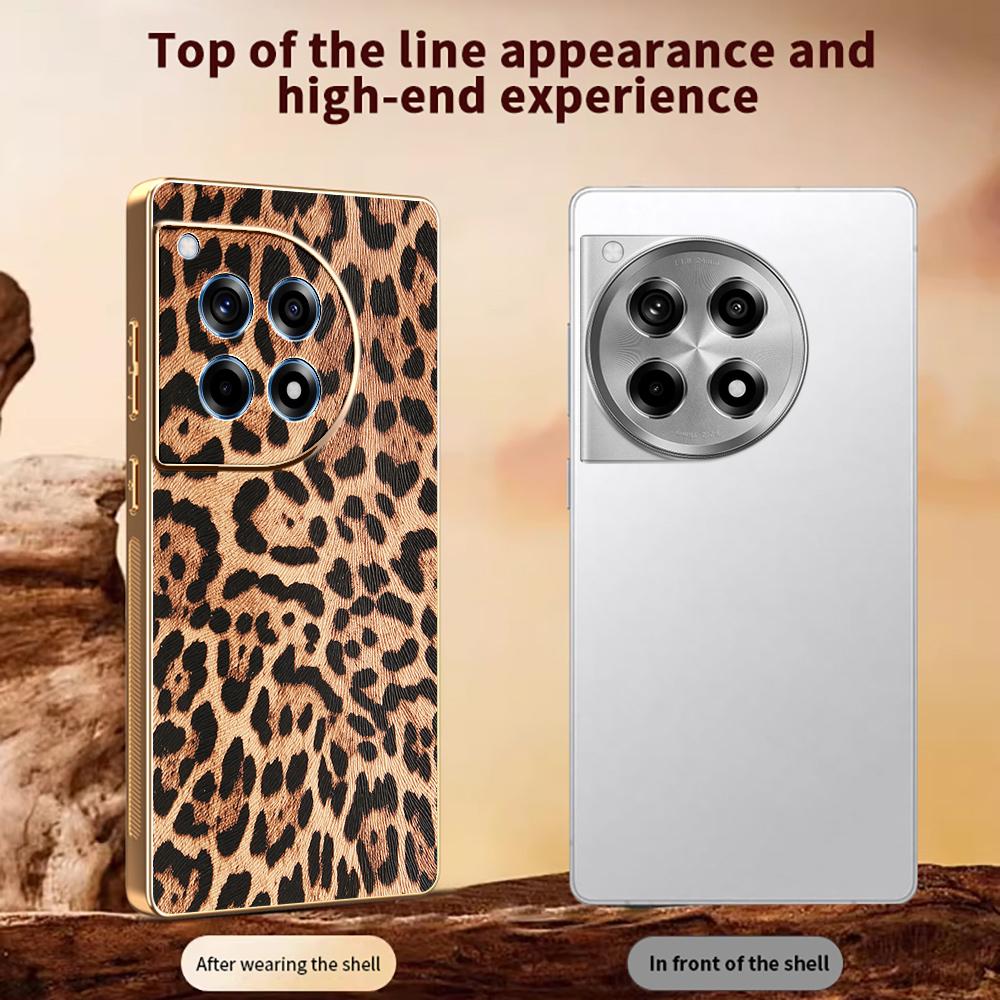 For OnePlus 12R 5G Case Leopard Print PU Leather Coated PC + TPU Electroplating Phone Cover