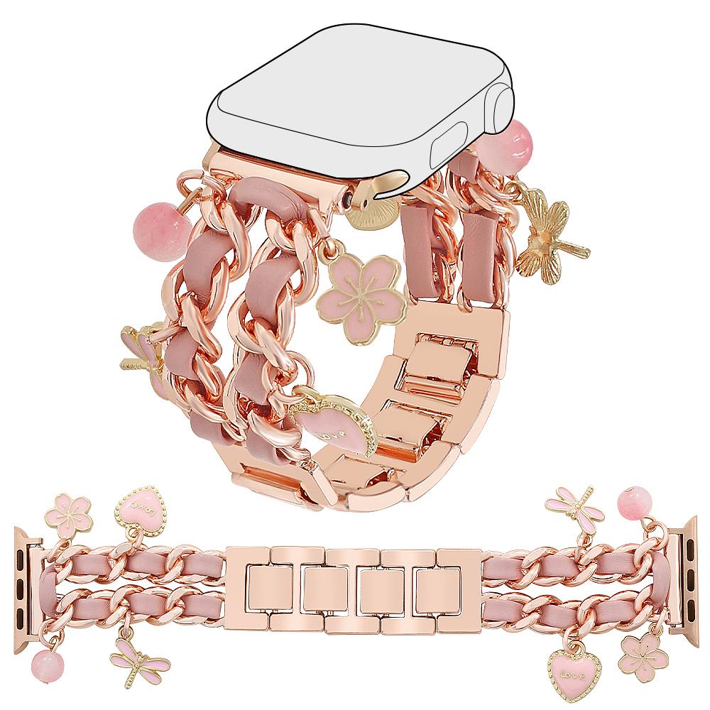 Watch Strap for Apple Watch Series 10 Ultra 9 8 7 SE 6 5 4 3 2 1 46mm 49mm 45mm 44mm 42mm Alloy+Leather Band with Butterfly and Flower Pendant
