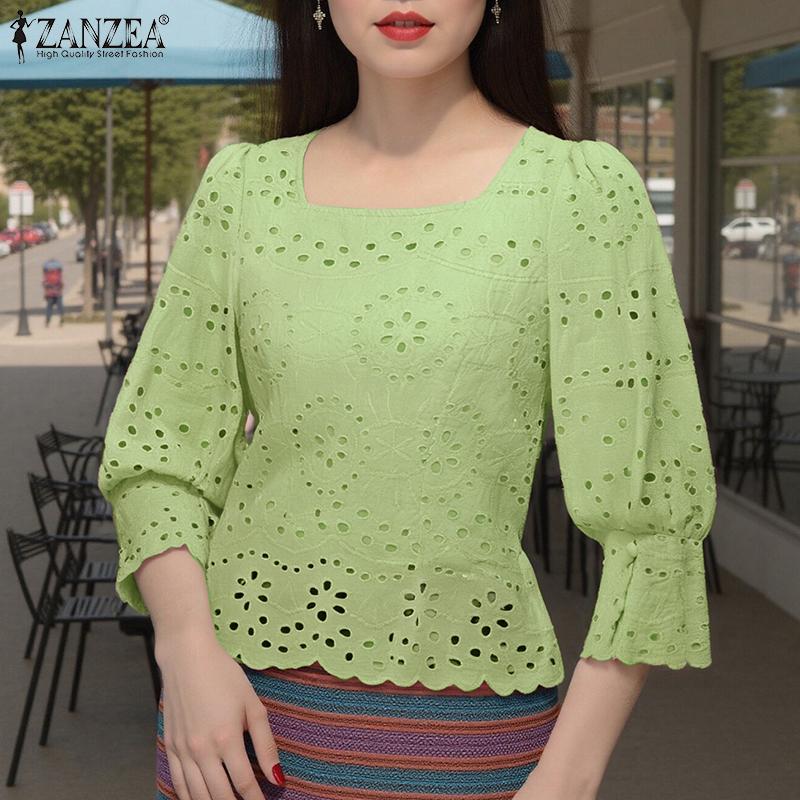 ZANZEA Women Casual Square Neck 3/4 Sleeve Loose Patchwork Lace Crochet Blouse