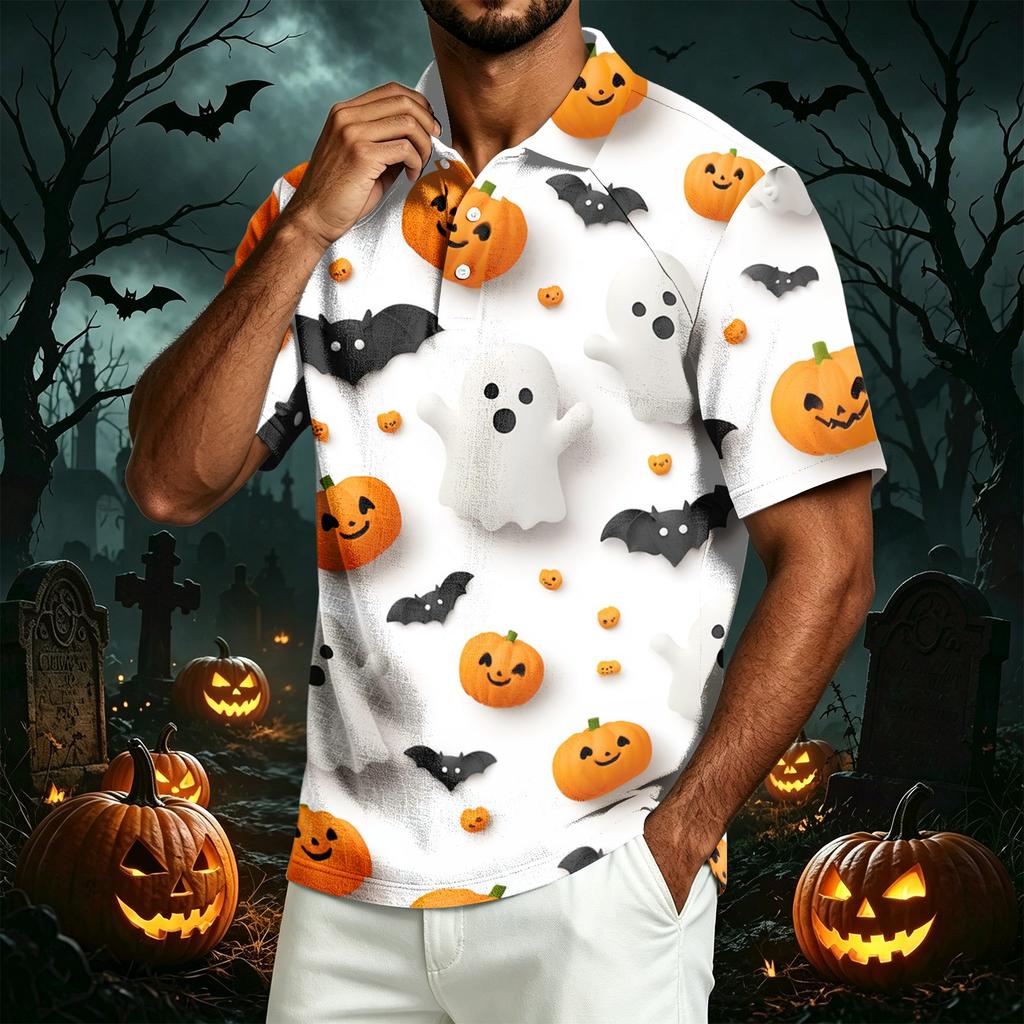 Men's Casual Short Sleeve Polo Shirt Lightweight Breathable Cotton Linen Fabric Halloween Print Design Button Down Collar