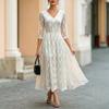 Lace Dress Women's V-neck Seven-quarter Sleeves Waist Perspective Dress European and American Temperament Thin Dress Skirt