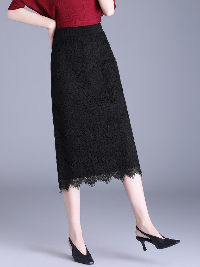 2026 Spring/Summer Black Lace Korean Style Slim Midi A-line Skirt