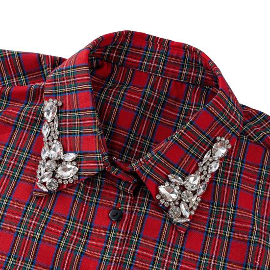 Sparkling Rhinestone Removable Collar Red Christmas Check Faux Collar Women Detachable Fake Collar Sweater Accent