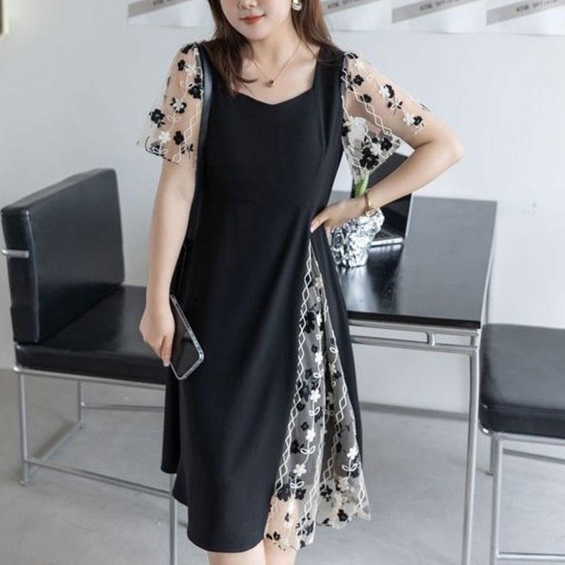 Summer Stylish Gauze Patchwork Dresses Asymmetrical Women's Clothing Elegant Square Collar Vintage Broken Flowers Midi Dress New