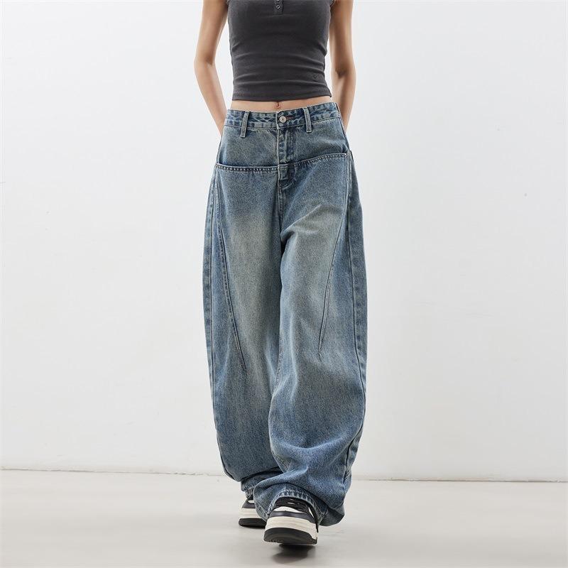 American Vintage Blue High Waist Loose Wide Leg Curved Blade Jeans For Women