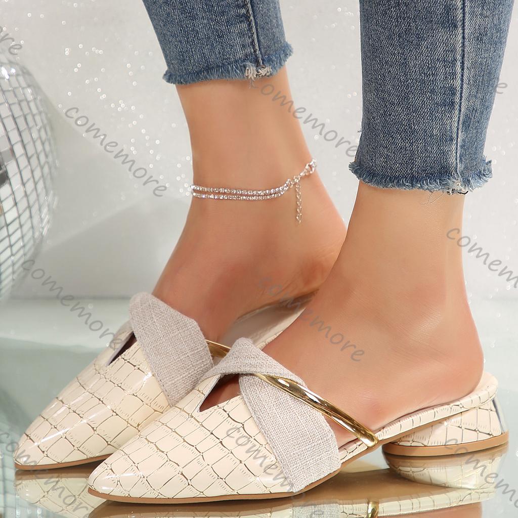 Comemore Slippers for Women Summer New Pointed Head Sexy Temperament Low Heel Women's Shoes Casual Baotou V-mouth Mules Slipper