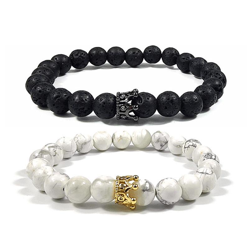 European  American Zirconia Crown Bracelet with Volcanic Stone  White Pine Beads 8mm