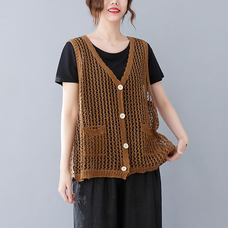 Retro Artistic Hollow-Out Knit Vest – Women's Loose Cotton-Linen Cardigan