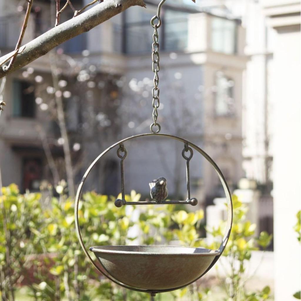 Wrought Iron Aged Green Bird Swing Feeder & Waterer