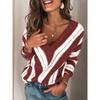 Autumn Winter Striped Patchwork Loose Casual Sweater Women V-neck Vintage All-match Pullover Knitting Top