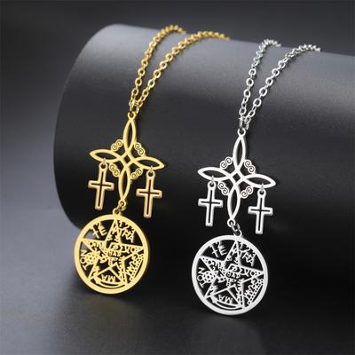Collar Cruz Triple Protección Nudo de Bruja Pentagrama Tetragrammaton Acero Inoxidable Doble Cara Amuleto Joyería