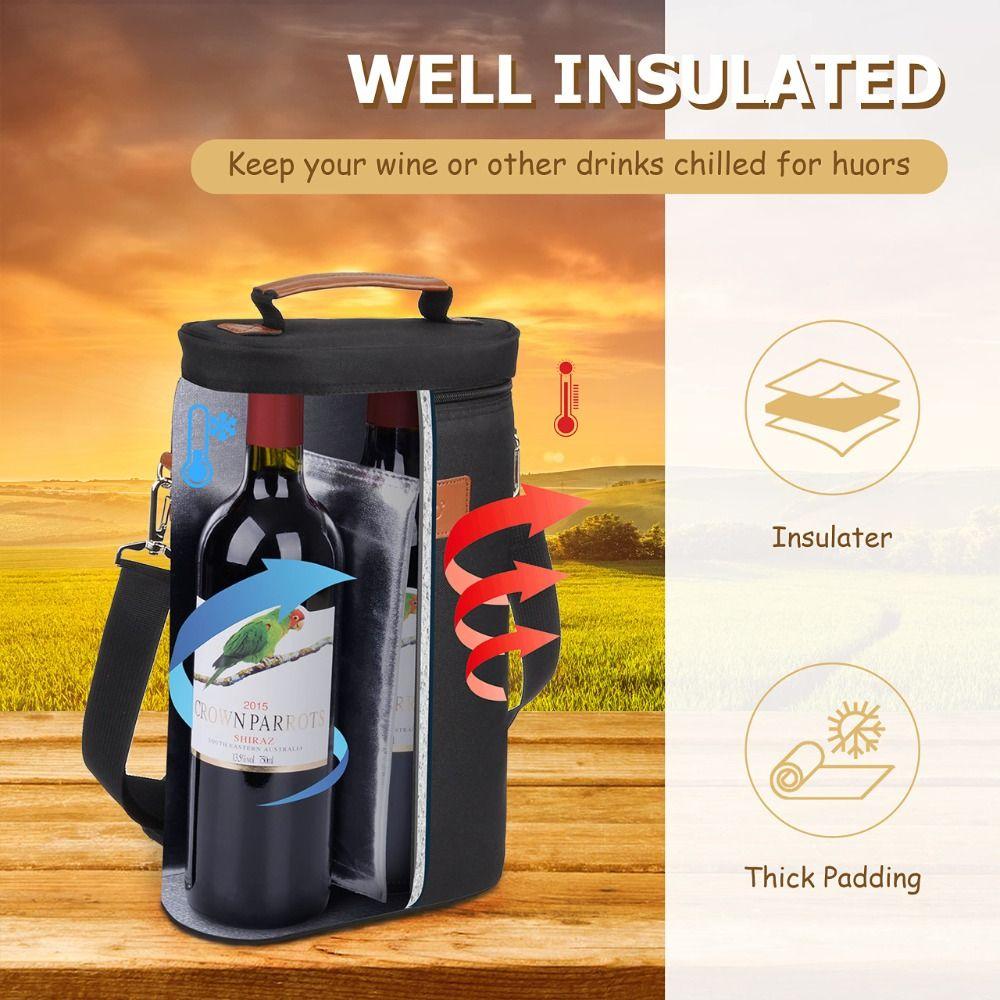Leakproof Bottle Wine Carrier Bag Top Zip Closure Front Pocket Insulated Wine Carrier Bag Shoulder Strap Carry Handles