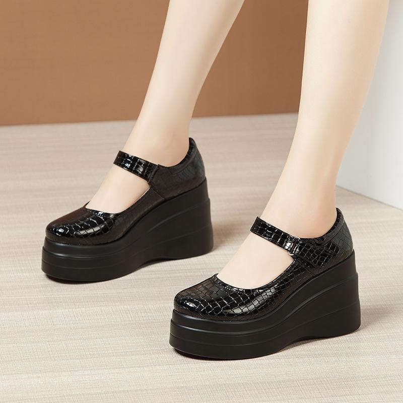 High Heels, Shallow Mouth, Single Shoes, Women's 2025 New Waterproof Platform, Lacquer Leather, Large Size Work Shoes