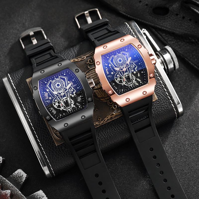1PC Hollow Richard Barrel Quartz Watch Men's Silicone Watch Men's Business Calendar Sports Watch