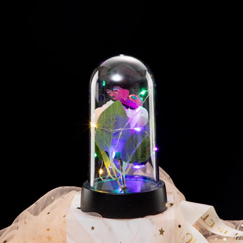 Eternal Flower Glass Dome Night Light - Gold Foil Butterfly Rose & Dried Flower Table Decoration