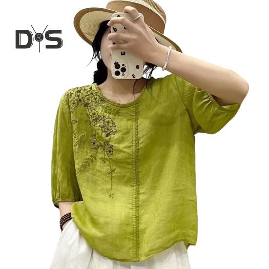 

Женские топы, футболка с круглым вырезом и рукавами 3/4, вышитая цветочным узором, однотонная футболка свободного покроя, уличная одежда 2XL зелёный