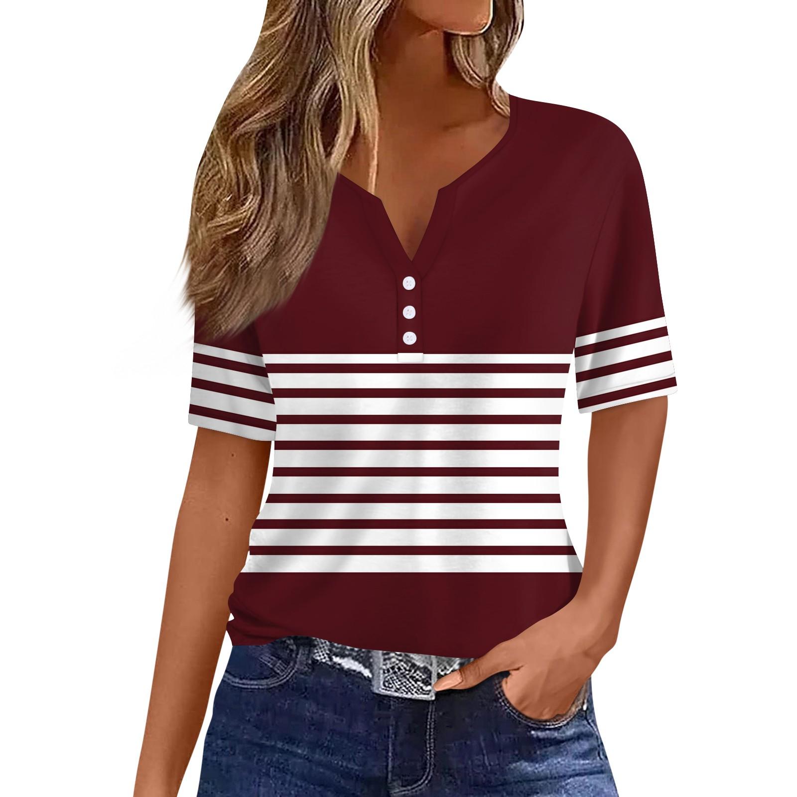 

Жен. Футболка Футболка С принтом Пуговицы С короткими рукавами Повседневные Выходные Мода Классический V-образный вырез Обычный Верх L винный