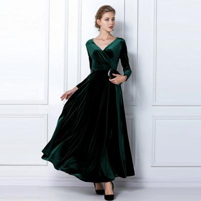 Women Evening Dress Golden Velvet V Neck Pleated A-line Pure Color Long Sleeves Full Length Dress High Waist Prom Party Maxi Dress