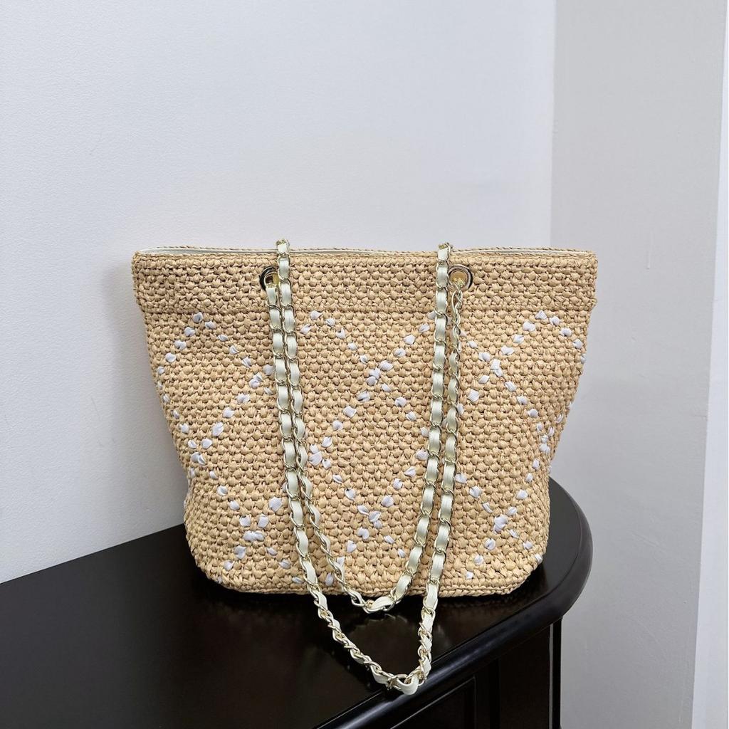 Straw Tote Bag, Diamond Chain Bag, Women's Shoulder Bag, New Beach Vacation Style, Large-capacity Underarm Bag Tide