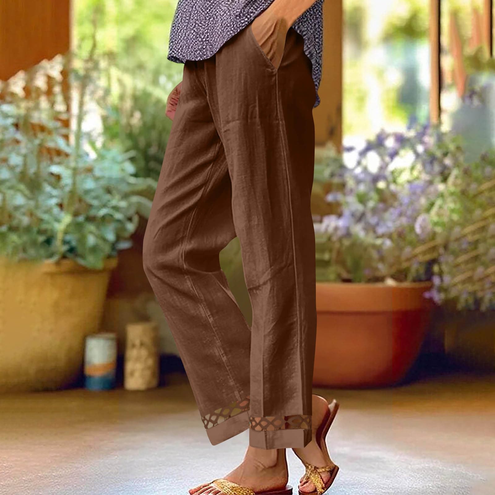 Ladies  Casual And Fashionable Loose And  Lace Straight Leg Casual Pants M