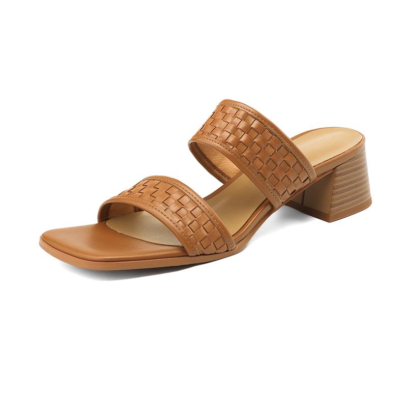 

Krazing Pot Туфли-сабо из натуральной кожи с открытым носком на среднем каблуке, летняя обувь, женские сандалии с римским плетением и украшением 40 коричневый
