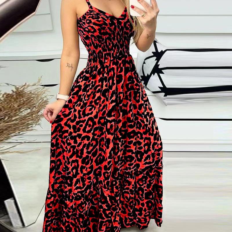 New Leopard Print Camisole V-neck Dress, High Waisted Dress, Sexy Temperament, Fashionable Long Dress