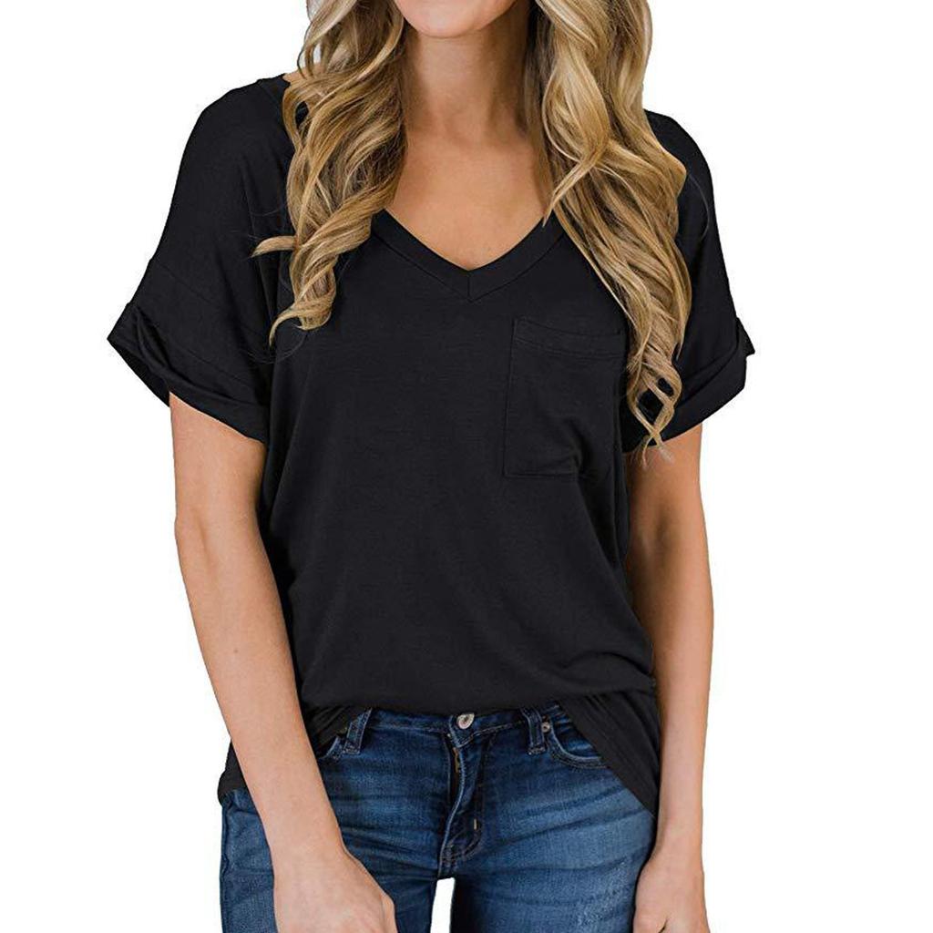 Women's Fashion Spring/summer V-neck Pocket T-shirt With Rolled Edge Short-sleeved Loose Top